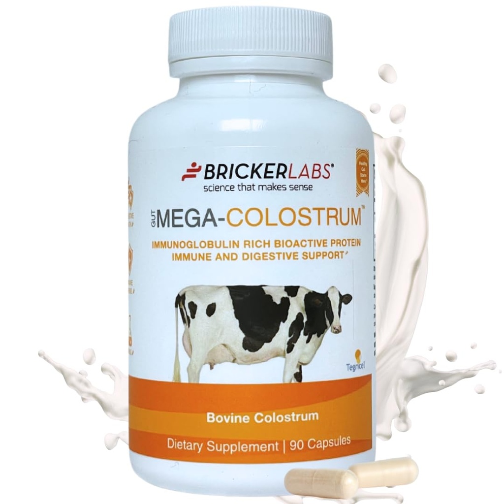 Bricker Labs Mega- Colostrum kapsler, Gut Sundhed, Immunitet, Hud og hår, 1000 mg Bovine Colostrum Supplement 40% IgG, rig på bioaktive proteiner, vækstfaktorer og antistoffer, 45 Servering