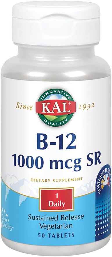 KAL B- 12 1000 mcg Vedvarende udgivelsesdato: 124; Sund Metabolisme, Energi, Nerve & Red Blood Cell Support: 124; Vegetar: 124; Lab: Verificeret