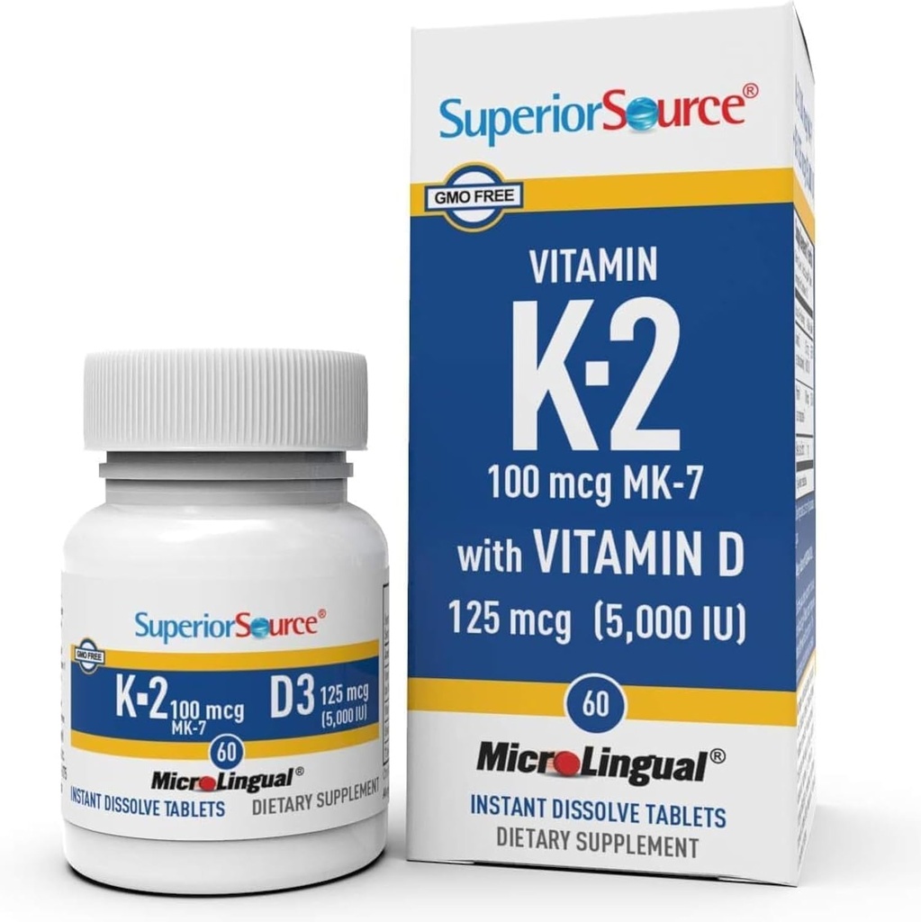 Superior Source K2 (MK- 7) 100 mcg, med D3 (5000 IE) Supplement, Quick Opløs mikroLingual Tablets, 60 Count, Stronthen Bones, Cardiovaskulær & Immunsystem Support, Non- GMO