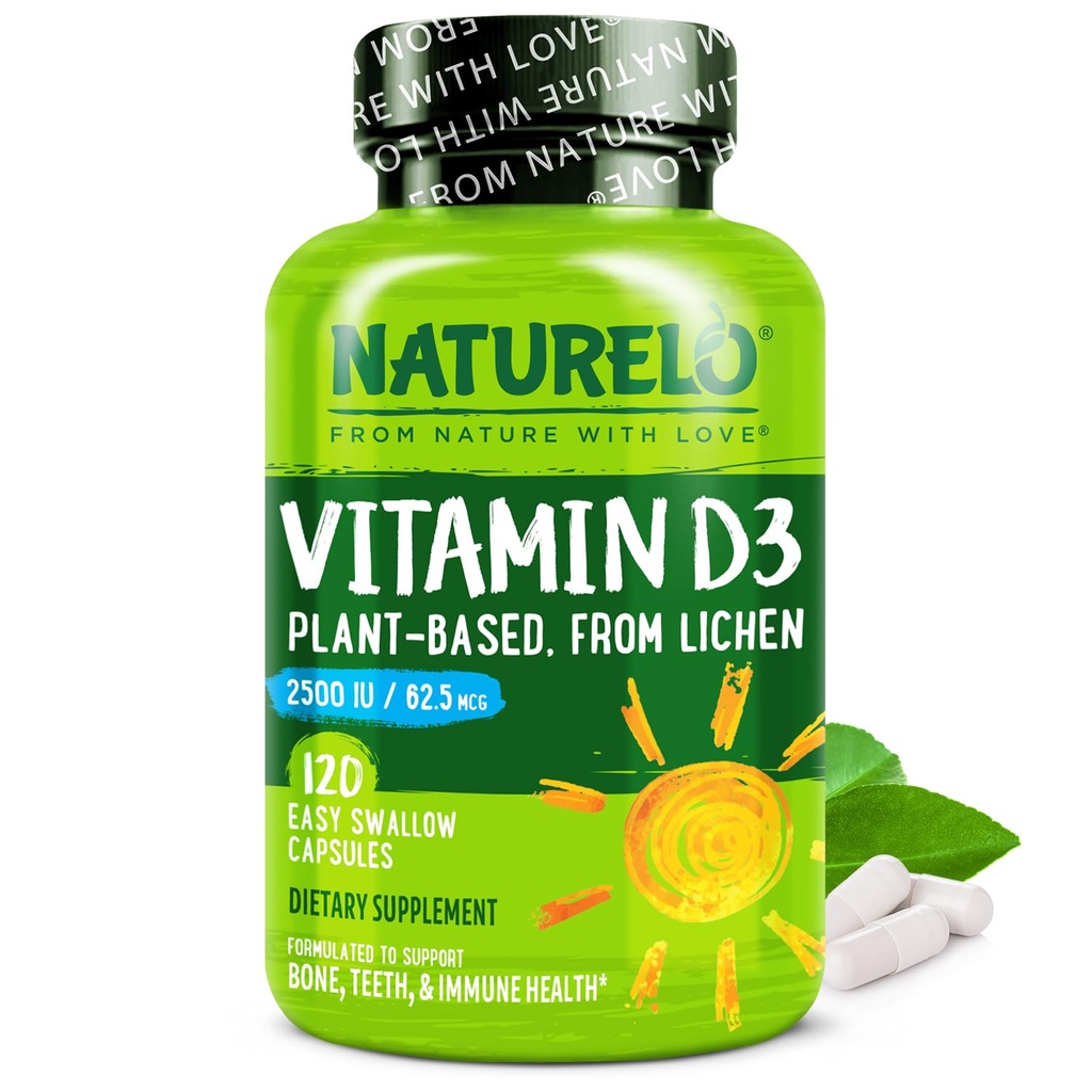 NATURELO D-vitamin - 2500 IE - Plant baseret fra Lichen - Natural D3 Supplement for immunsystem, Knoglestøtte, fælles sundhed - Vegan - Non- GMO - Gluten Free - 120 kapsler