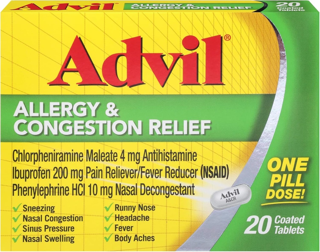 Advil Allergi og Congestion Relief tabletter, Smerte Reliever, Feber Reducer og Allergy Relief med Ibuprofen, Phenylephrin HCl og Chlorpheniramin Maleate 4 mg - 20 overtrukne tabletter