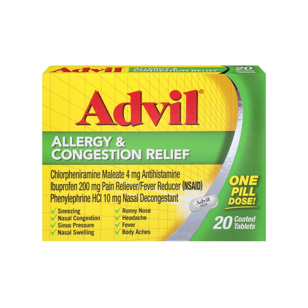 Advil Allergi og Congestion Relief tabletter, Smerte Reliever, Feber Reducer og Allergy Relief med Ibuprofen, Phenylephrin HCl og Chlorpheniramin Maleate 4 mg - 20 overtrukne tabletter