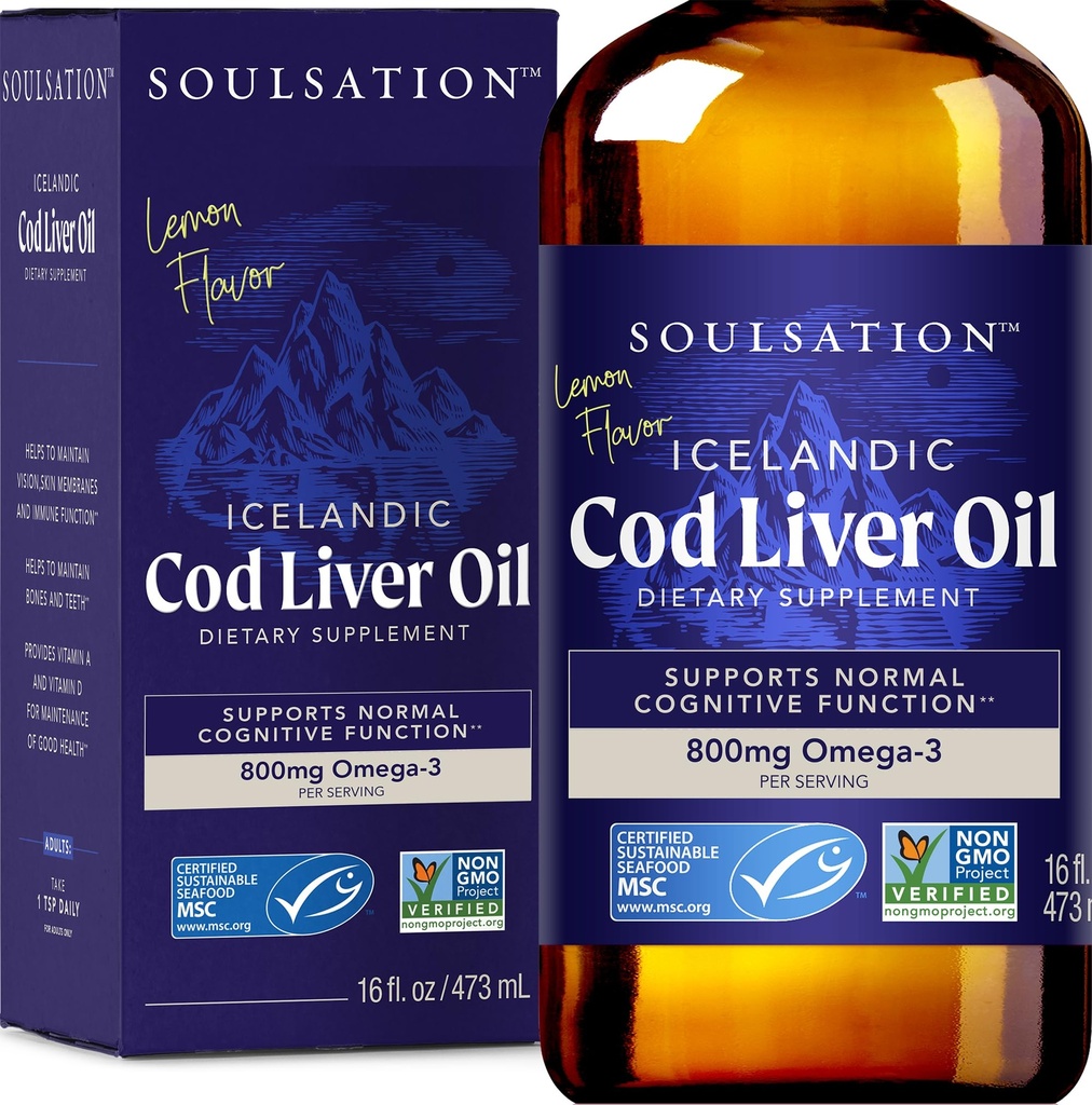 Islandsk torsk lever olie væske, Lemon (16oz) - Vitaminer A & D, EPA & DHA - Hjælper Vision, Skin Membranes & immunfunktion - MSC Certified, Non- GMO
