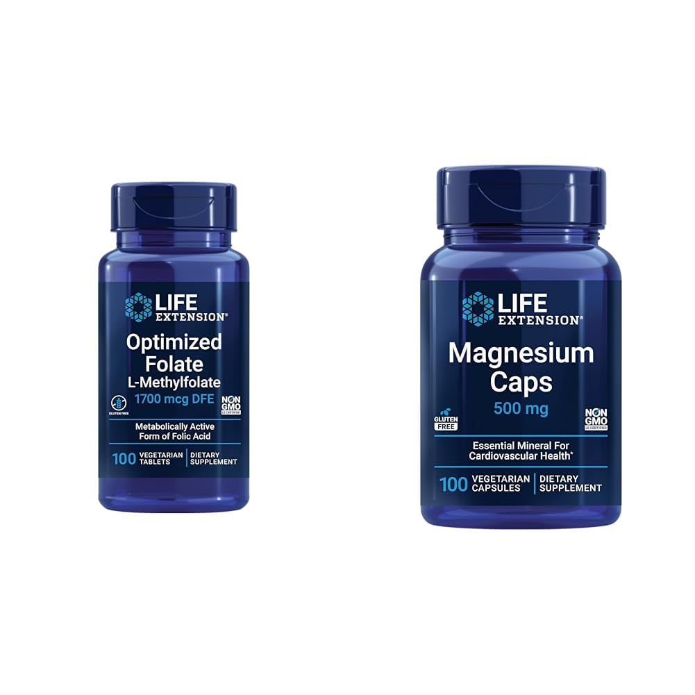 Life Extension Brain & Heart Health Folate og Magnesium Supplement Bundle, 100 tabletter og 100 kapsler
