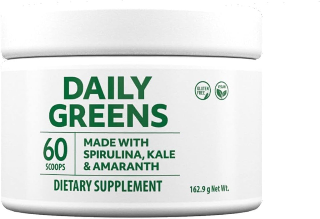 Pulver af Market America med Spirulina, Kale, Alfalfa, Hvede Græs, Barley Grass, Spiny Amaranth, Spinach, Broccoli, Rødbeder, Kirsebær Frugt, Gulerod, Ginger Root, Bacillus koagulans