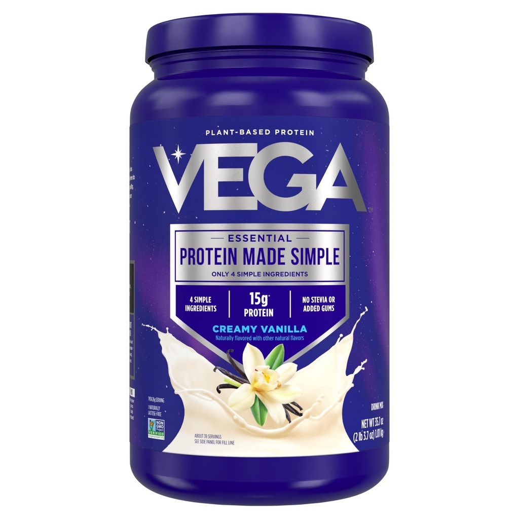 Vega Protein Made Simple Protein Powder, Vanilla - Stevia Free, Vegan, Plant Based, Sund, Gluten Free, Pea Protein for kvinder og mænd, 2.2 lbs (Packaging May Vary)