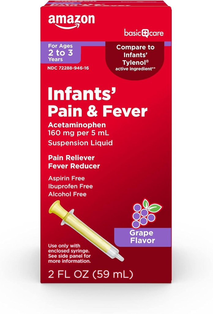 Basal pleje Spædbørnssmerter og feber Oral suspension, Acetaminophen 160 mg per 5 ml, Hurtig, effektiv smertelindring og feber Reducer for børn, Grape Flavor, 2 fl oz (pakning med 1)