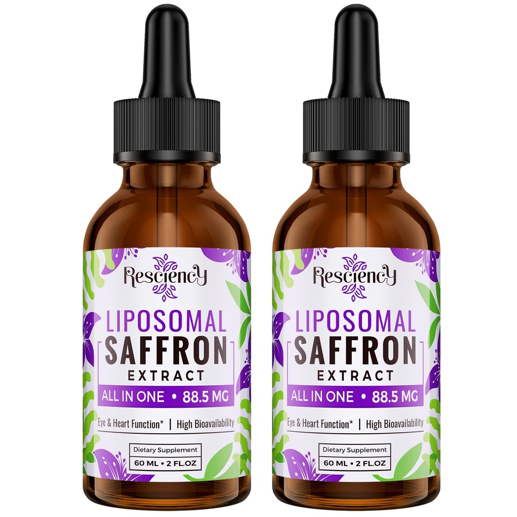 Saffron Kosttilskud - 88,5 mg Saffron Extract Bedre biotilgængelighed Liposomale dråber til mad, energi, Vision & Focus med Ashwagandha, gurkemeje, Magnesium, Zink, B12 & D3 Vitamin, 60 ml, 60 Servere