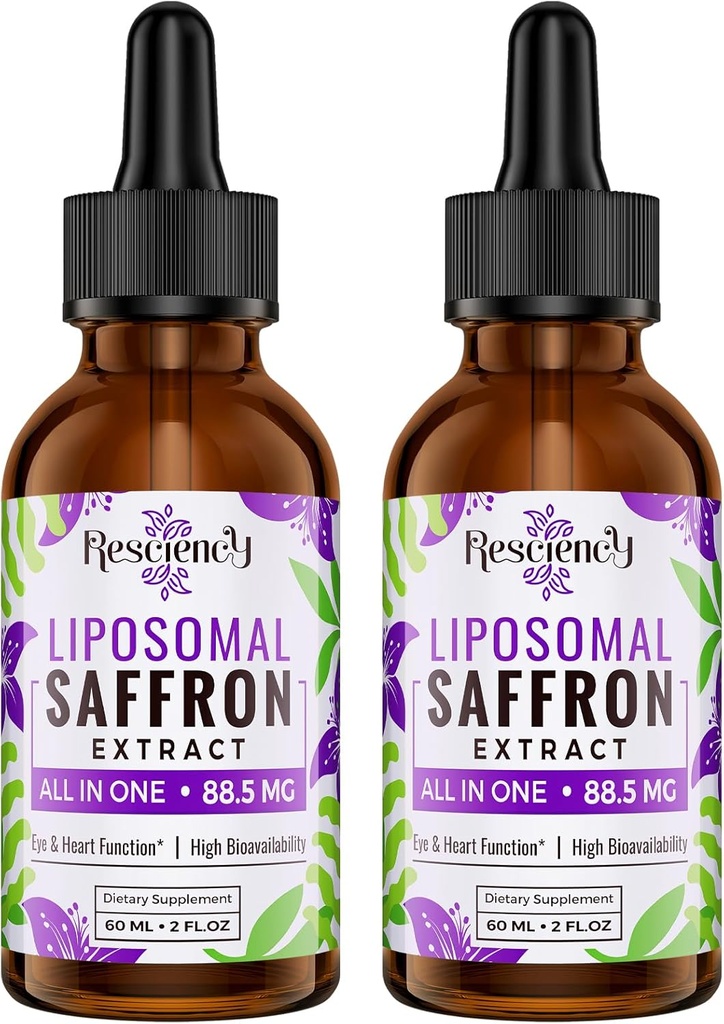 Saffron Kosttilskud - 88,5 mg Saffron Extract Bedre biotilgængelighed Liposomale dråber til mad, energi, Vision & Focus med Ashwagandha, gurkemeje, Magnesium, Zink, B12 & D3 Vitamin, 60 ml, 60 Servere