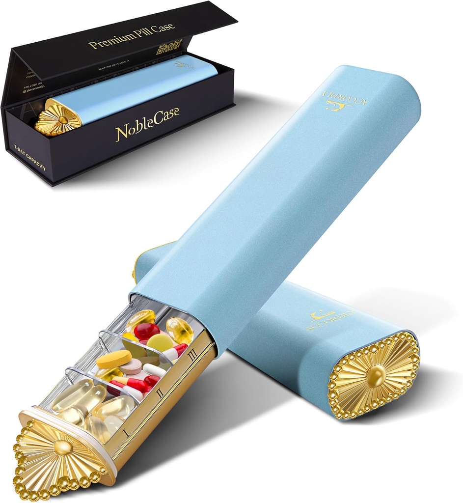 Premium Weekly Pill Organizer, 7-dages Compact Pill Case til purse, Letvægts Guld Aluminium Pill Box til vitaminer, Medicin, Kosttilskud, Luksus Wellness Gave