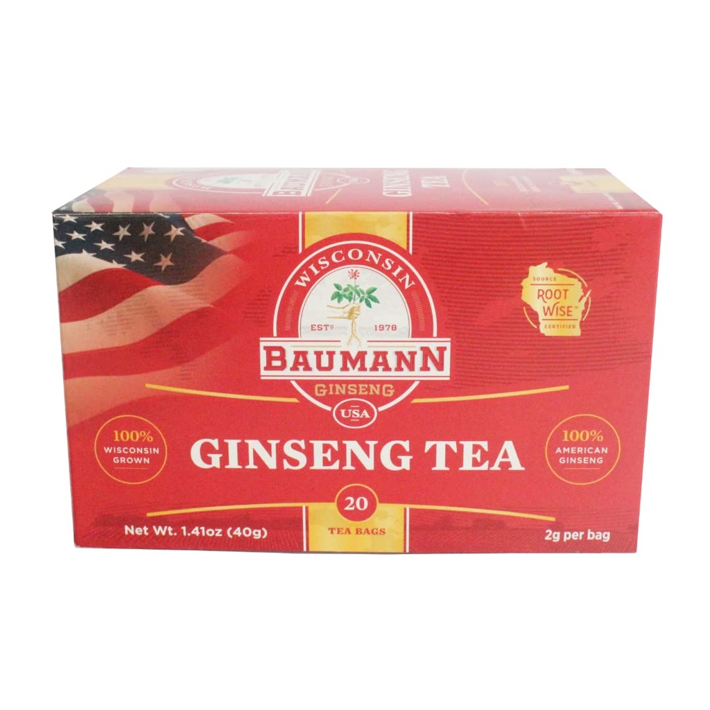 Baumann Premium American Ginseng Tea Tasker (20 Tea Tasker) - Autentiske Panax Wisconsin Grown Panax Ginseng Urtete - Sund grøn te med antioxidant Ginsenosider for forbedret fokus og energi