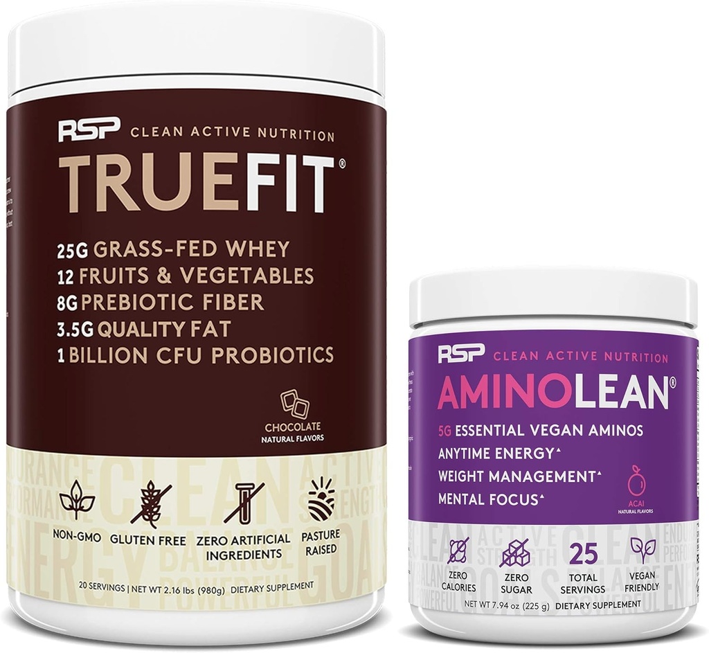 RSP NUTRITION Vegan AminoLean Pre Workout Energy (Acai 25 Servere) med TrueFit Protein Powder (Chokolade 2 LB)