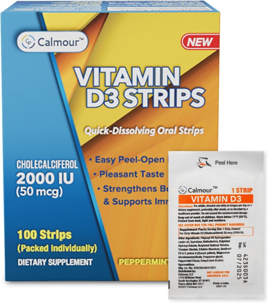 Vitamin D3 Strips 100 Pack Removal 124; 2000 IE Oral opløselig D3 Vitamin Strips Removal 124; Pebermynte Flavor Melts på din tunge i 30 sekunder; Boost Immunitet & Enhance Mental Focus med vitamin D3 2000