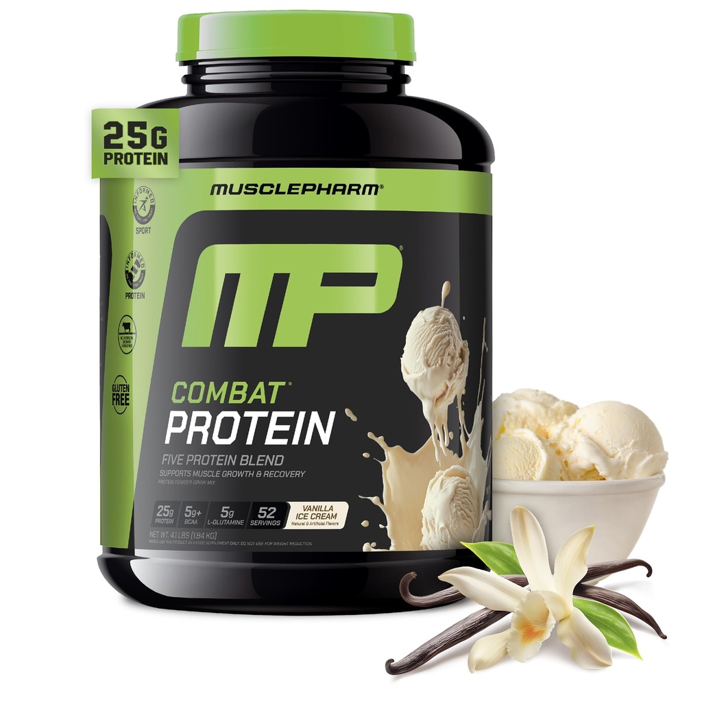 MusclePharm Combat Protein Powder, Vanilla Flavor, Fuels Muskler til produktive workouts, 5 Protein Kilder, herunder Whey Protein Isolate & Egg Albumin, Gluten Free, 4 LB, 52 Servere