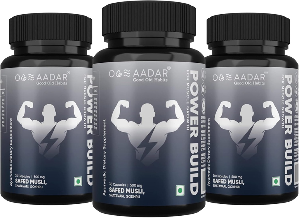 AADAR Power Build MSD 124; Ayurvedic Real Muscle Mass Gainer MSD 124; Forbedrer ydeevne & Boost Metabolisme MSD 124; (Safed Musli, Gokhru, Shatavari) 30 kapsler (Pack 3)