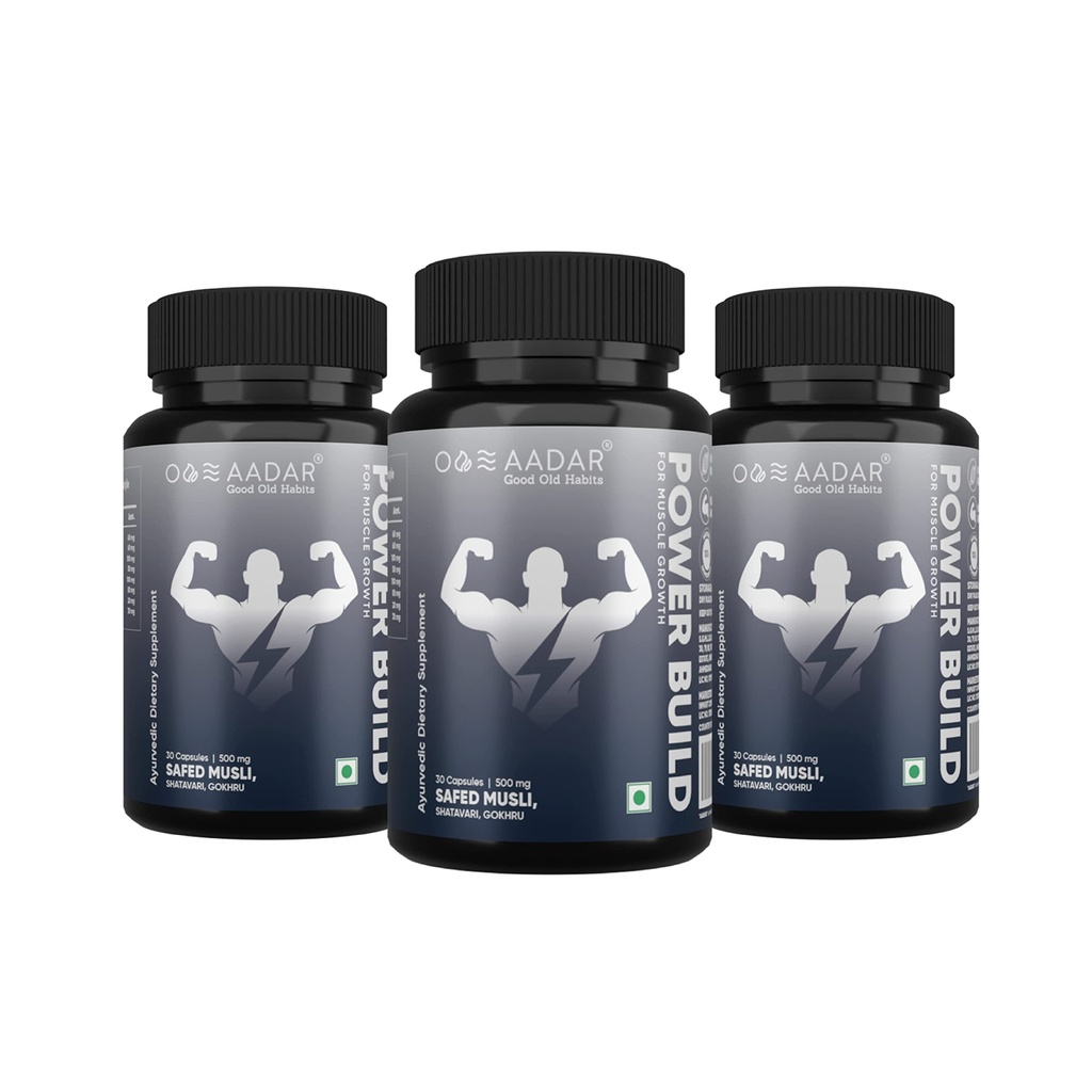 AADAR Power Build MSD 124; Ayurvedic Real Muscle Mass Gainer MSD 124; Forbedrer ydeevne & Boost Metabolisme MSD 124; (Safed Musli, Gokhru, Shatavari) 30 kapsler (Pack 3)