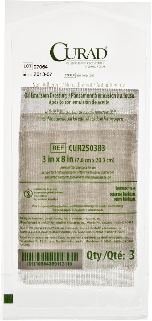CURAD Steril Non-Adherent Oil Emulsion Gauze Klædning, 3 "x 8", Perfekt til Sårpleje, Pack af 648