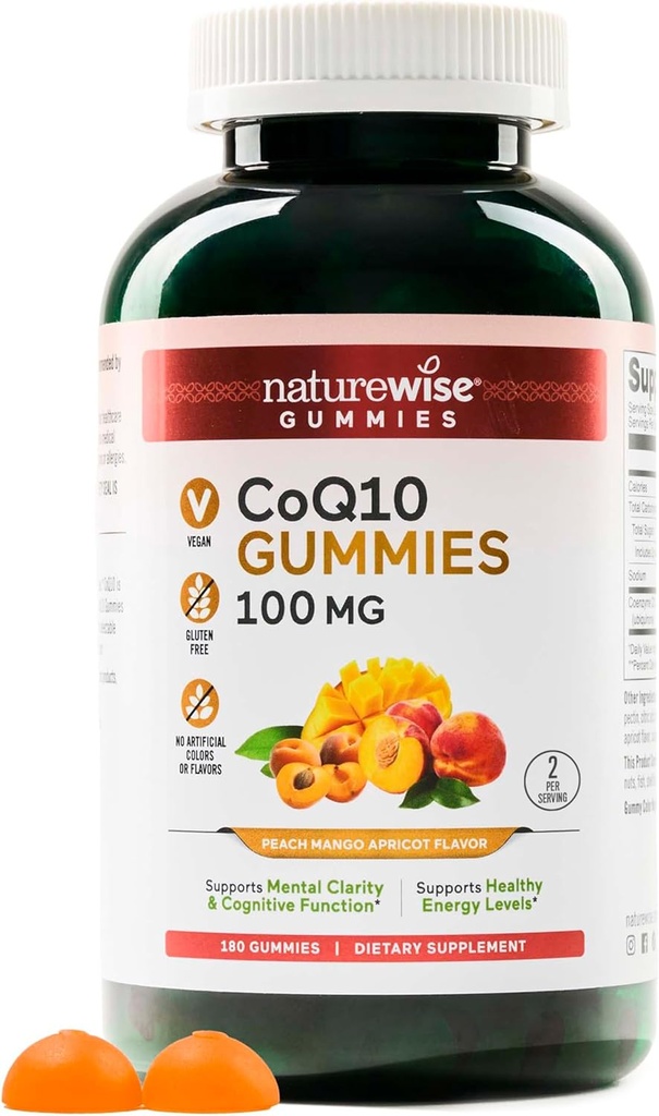 NatureWise CoQ10 Gummies 100mg - Peach Mango Flavor - Supplement til hjertesundhed & antioxidant Aktivitet - Pectin- baseret, Vegan, Soy og Gluten Free, Non- GMO - 180 Greve [3- måned Tilgang]