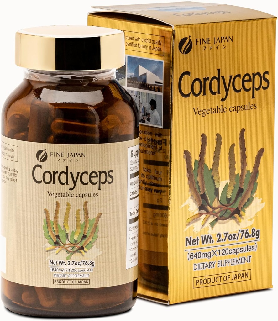 FINE JAPAN Cordyceps Mushroom Capsules - Premium Cordyceps Militari og Sinensis Extract for optimale sundhedsmæssige fordele, 100% autentiske Cordyceps i Easy- to- Swallow Capsules