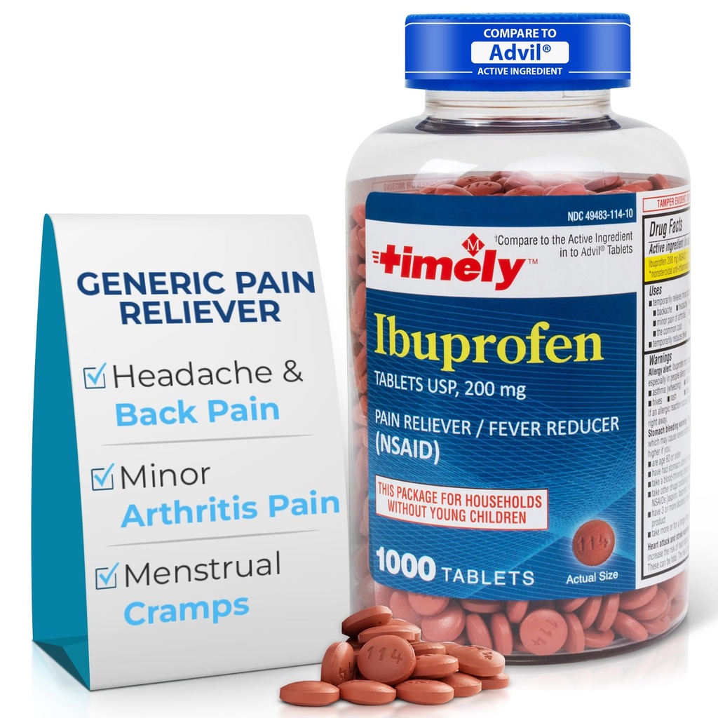TIME-Cap Labs 1000 Tablets Ibuprofen 200mg Coated - Pain Reliever & Fever Reducer (NSAID) for Adults, Helps with Headache, Back Pain, Muscle Aches, Toothaches, Menstrual Cramps & Minor Arthritis Pain