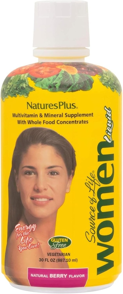 Natures Plus Source of Life Women Liquid Multivitamin- 30 fl oz - Natural Berry Flavor - Whole Foods & Minerals - Energy, Health & Defense Against Stress - Vegetarian, Gluten-Free - 30 Servings