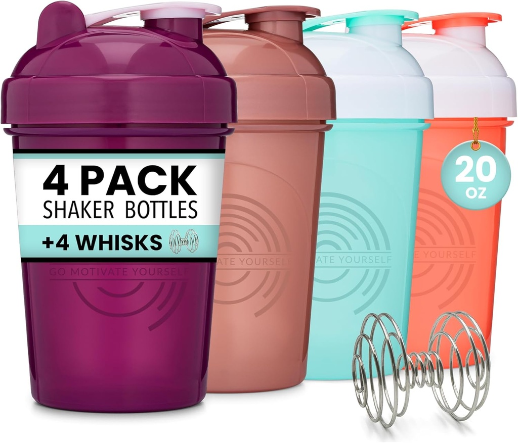 GOMOYO 4-Pack - 20 Ounce Shaker Bottle, Protein Shaker Wire Whisk x4, Bulk Protein Drink and Pre-Workout Shaker Cups, Dishwasher Safe & BPA Free