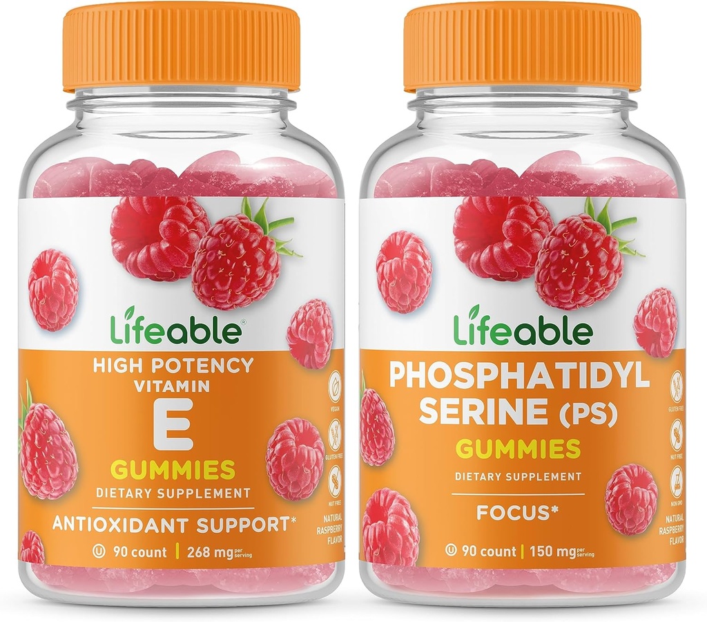 Lifeable Vitamin E + Phosphatidylserin (PS), Gummies Bundle - Great Tasting, Vitamin Supplement, Gluten fri, GMO fri, Chewable Gummy