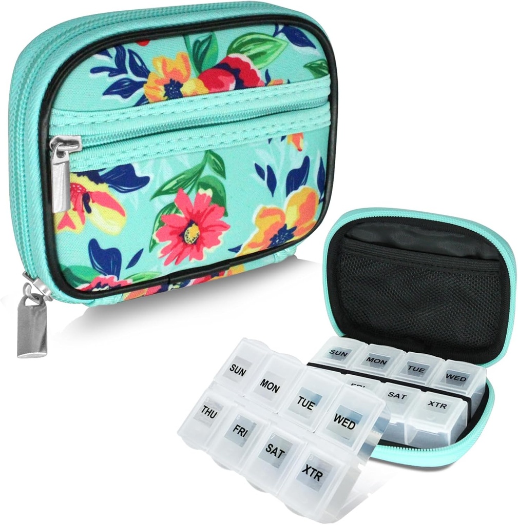 Serfeymi Weekly Travel Pill Organizer Pill Case for Purse med Aftagelig 7 Day Pill Box, Fashificent Travel Medicine Organizer Pill Container for Medicine, Vitamin, Supplement - Green 01 + Pill Box
