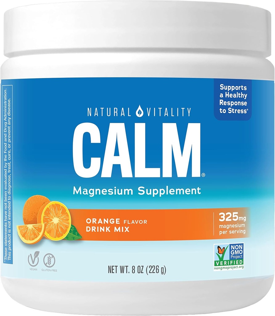 Natural Vitality Calm Magnesium Supplement, Anti- Stress Drink Mix Powder, Gluten Free, Vegan, & Non- GMO, Orange, 8 oz