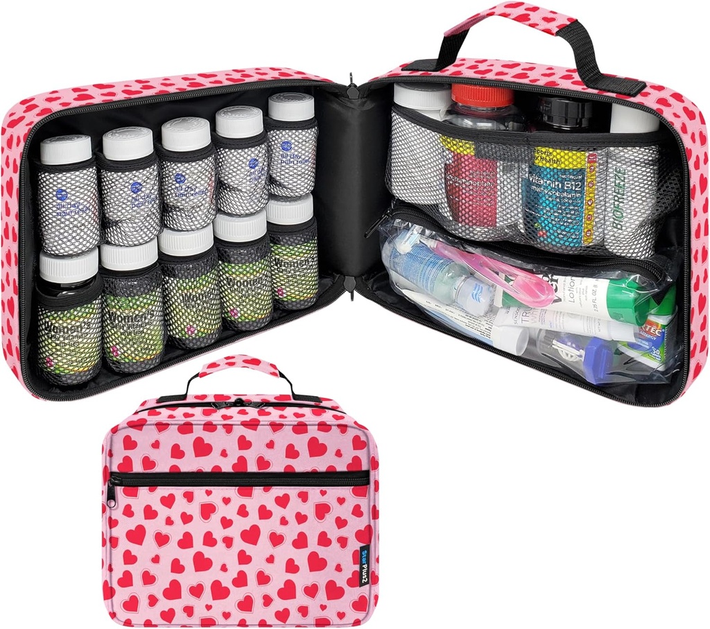Stor polstret pilleflaske Organizer, Medicine Bag, Case, Carrier for Medicin, Vitaminer, og medicinske forsyninger - Rejse Medicin Organizer og Home Storage Med Bag - Hjerter (uden lås)