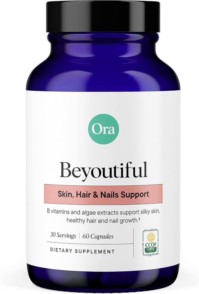 Ora Økologisk hår, hud og negle Support - BeYouTiful - Skønhed tillæg med B Vitaminer og Alger Ekstrakter til sundt hår og hud - 60 Veganske kapsler