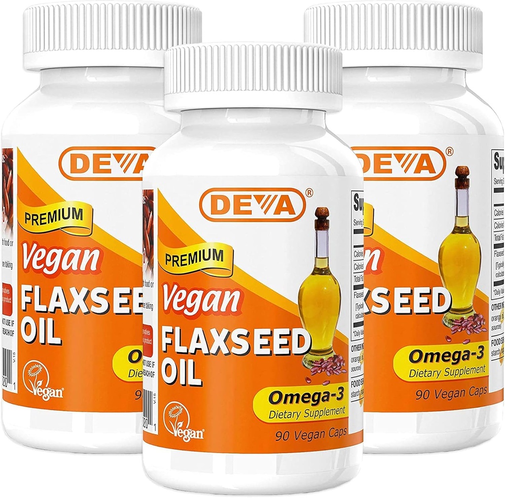 DEVA Organic Vegan Vitamins Flax Seed Oil - Rich in Omega-3, Cold-Pressed & Unrefined - 90 Capsules (Pack of 3)
