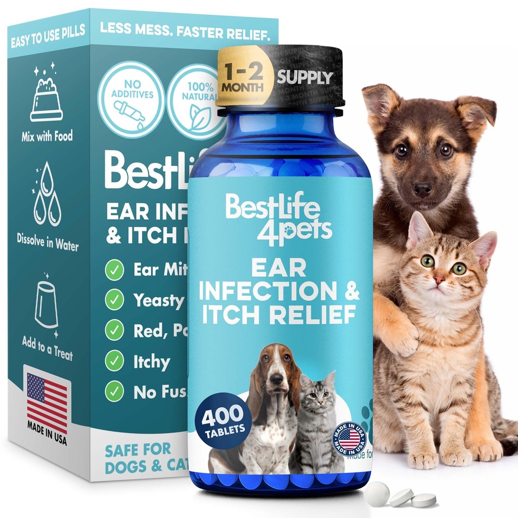 Itch Relief og Øreinfektion Behandling for hunde & katte, naturlige øre mider Behandling for katte og hunde lindrer Itchy Ører, Reducerer hævelse, Otitis, smerte & inflammation, 400 Let at give små piller