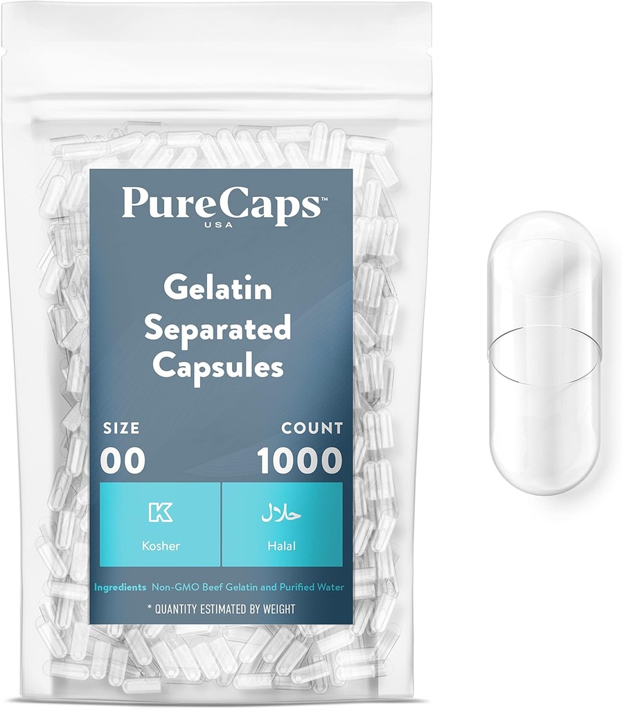 PureCaps USA - Empty Gelatin Capsules Size 00| 1,000 Separated Pills |Clear| Non-GMO Certified | SLS, Gluten, Preservative Free