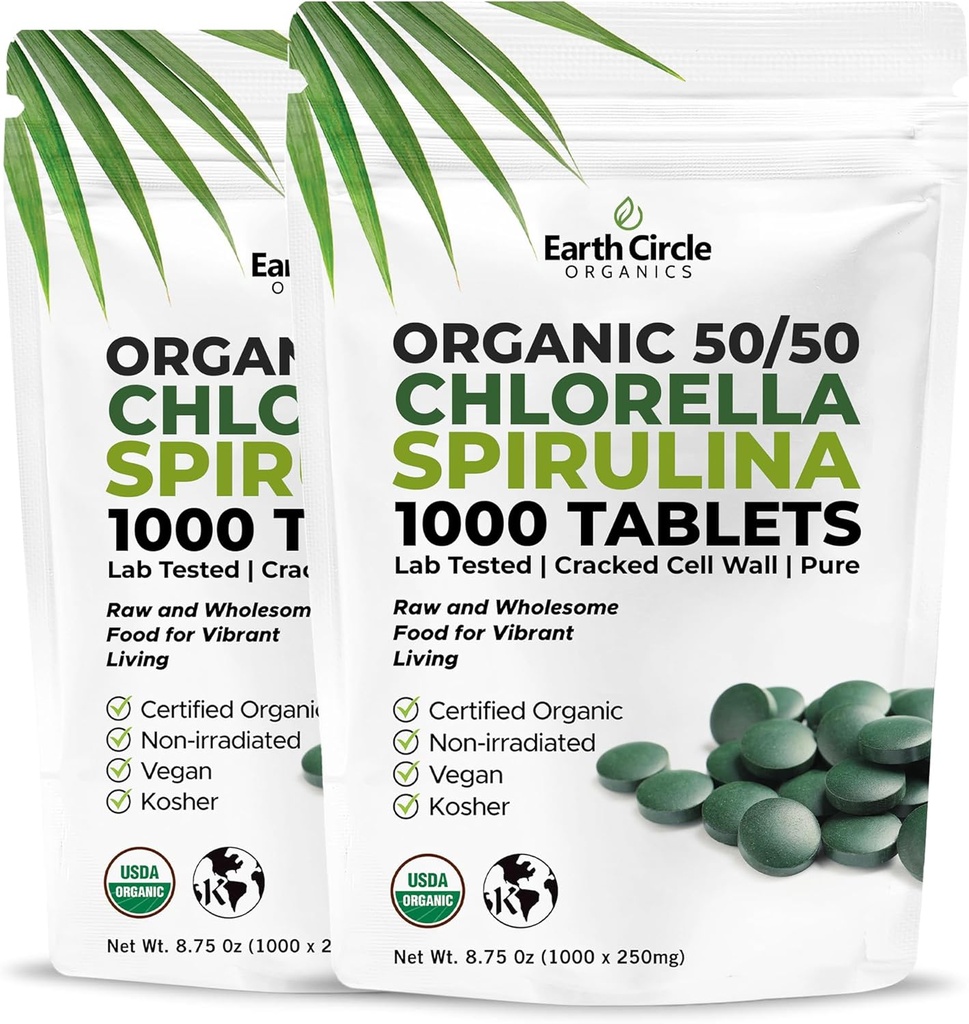 Premium Organic CHLORELLA / SPIRULINA 1000 tabletter (50 / 50) Kosher, Vegan - Green Algae Superfood, Cracked Cell Wall, Chlorophyll, High in Protein & Iron, ingen tilsætningsstoffer, eller fyldstoffer 8.75 Oz (2 Pack)