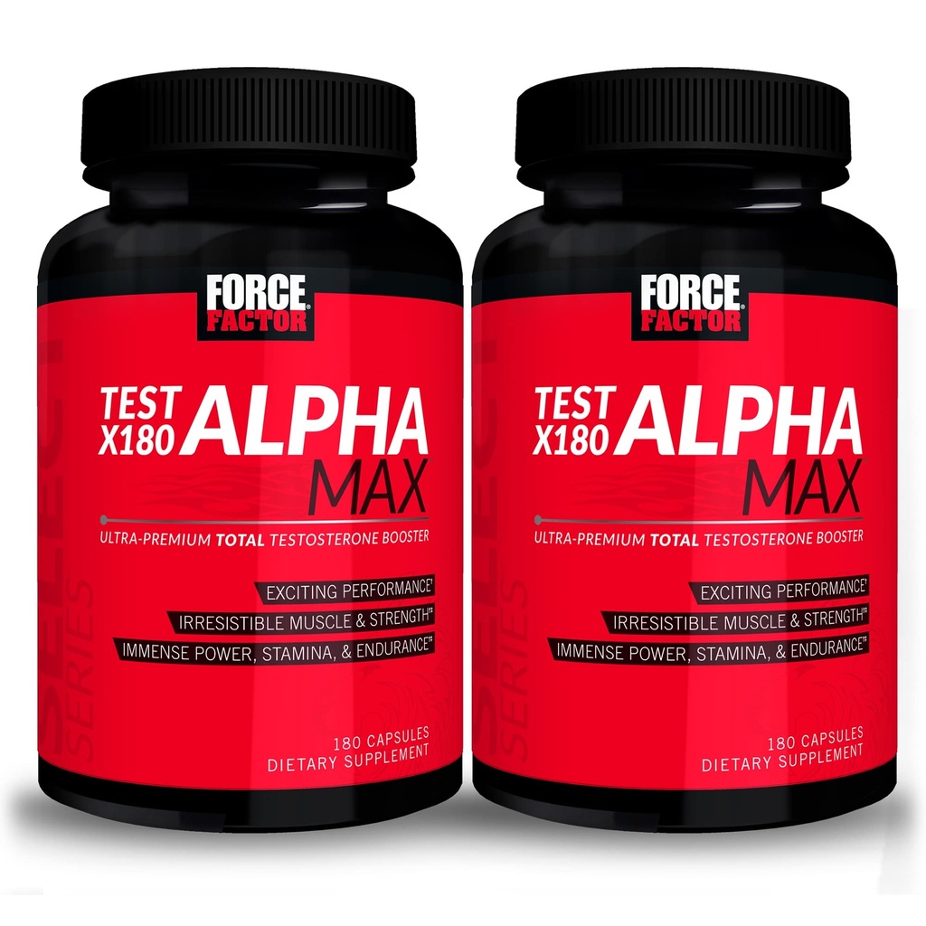 FORCE FACTOR Test X180 Alpha Max, 2- Pack, Total Testosteron og Nitrooxid Booster for mænd med bukkehorn Seed & Tribulus at øge blodgennemstrømningen & forbedre mandlige atletiske ydeevne, 360 kapsler