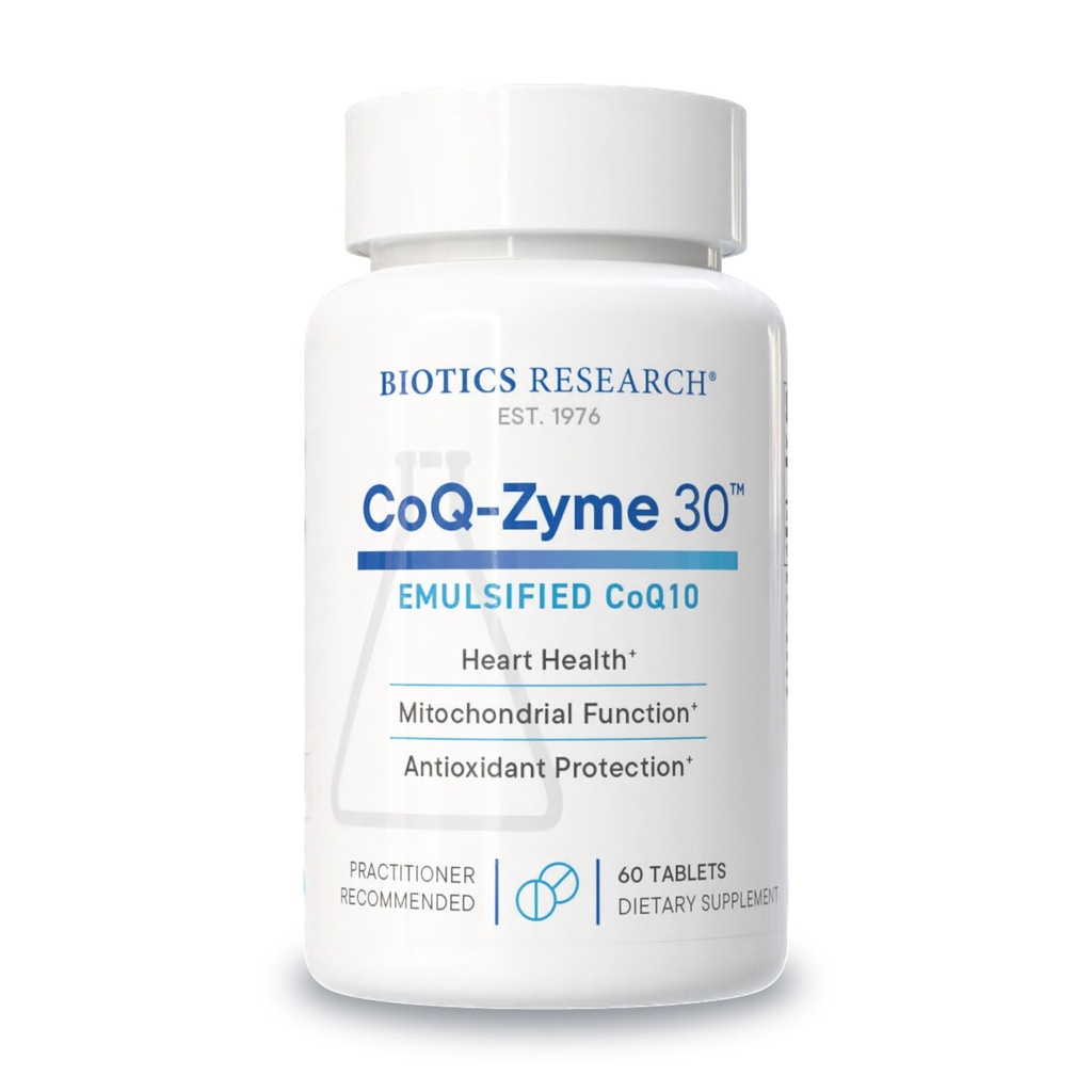 Bioetik Forskning CoQZyme 30 Milligram af emulgeret coenzym Q10 CoQ10, Supplies Superoxide dismutase and catalase, To vigtige antioxidanter 60 Tabs