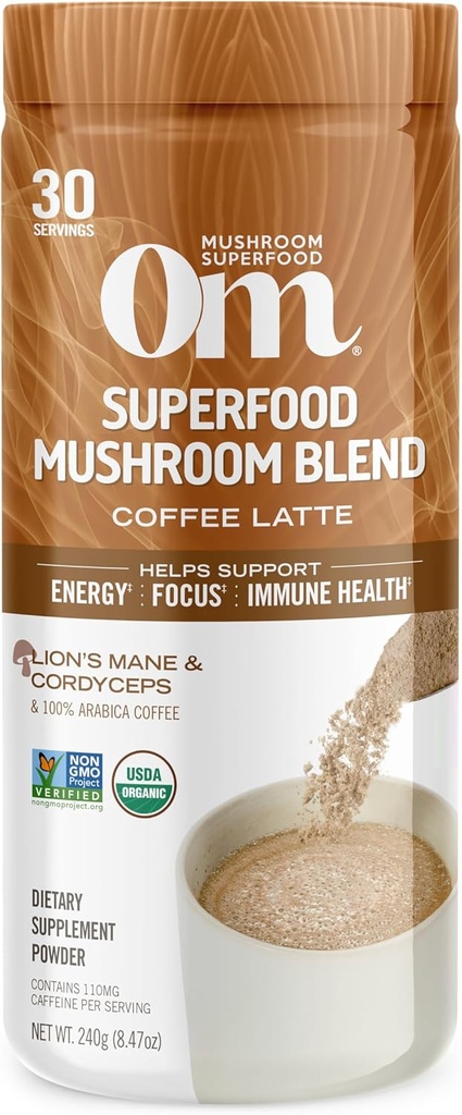 OM MUSHROOM SUPERFOD kaffe Latte Blend Mushroom Powder, 8.47 Ounce Canister, 30 Servere, Lions Mane, Cordyceps, Reishi, Chaga, Energi & Mental Klarhed Support