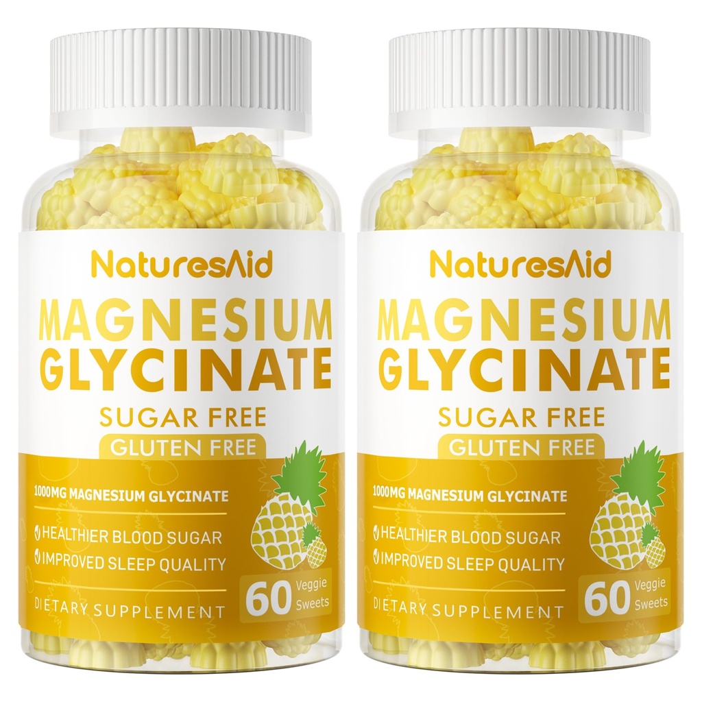 Magnesium Glycinate Gummies 1000mg - Sugar Free Magnesium Kalium Supplement med D-vitamin, B6, CoQ10 for Calm Mood & Sleep Support - 120 Ananas Gummies -2 Pack