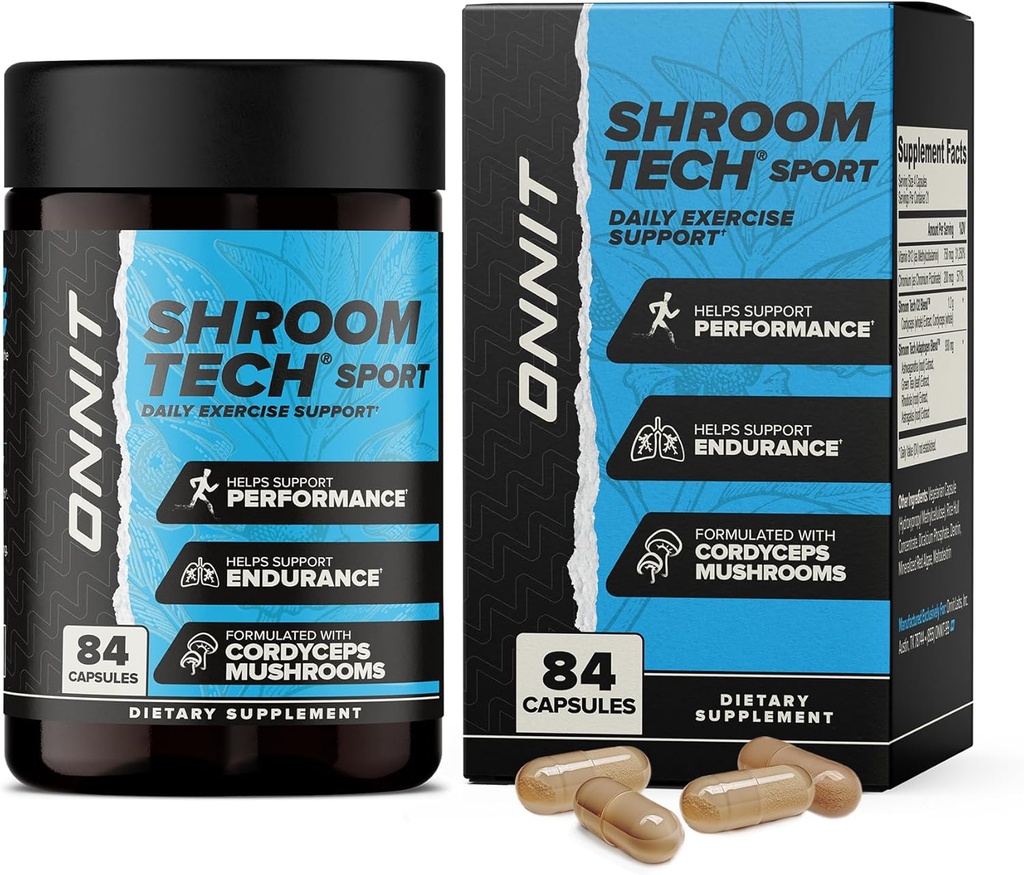 ONNIT Shroom Tech Sport Daily Motion Support Kapsler, Pre Workout Supplement med Cordyceps Mushrooms, Kaffe- Gratis Kosttilskud til daglig energistøtte, 84 Greve