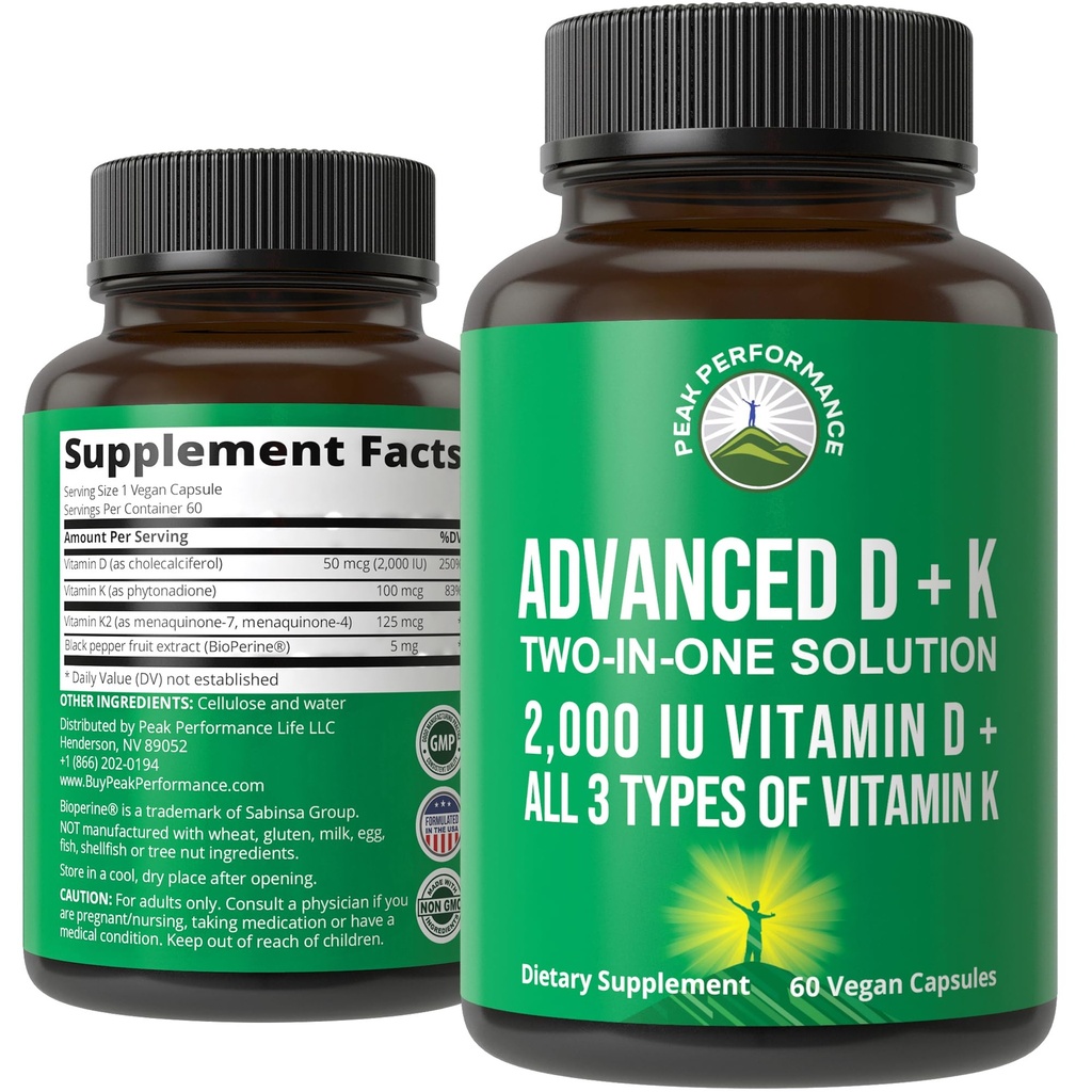 Peak Performance Advanced D 2000 IE med alle 3 typer vitamin K vitamin D3 og vitamin K2, K1, MK- 7 (MK7), MK4 Kosttilskud. 60 Små og nemme at synke vegetabilske piller (2000 IE)