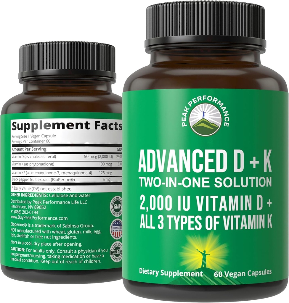 Peak Performance Advanced D 2000 IE med alle 3 typer vitamin K vitamin D3 og vitamin K2, K1, MK- 7 (MK7), MK4 Kosttilskud. 60 Små og nemme at synke vegetabilske piller (2000 IE)