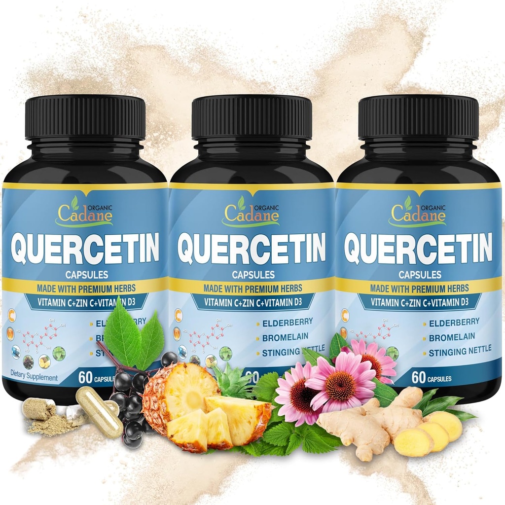 Organic Cadane 3 Pakninger 60 Kapsler Quercetin Extract Kapsler - Support Immunsystem - Kombineret med Elderberry, Bromelain, Ingefær, Echinacea & mere - 3 måneders forsyning
