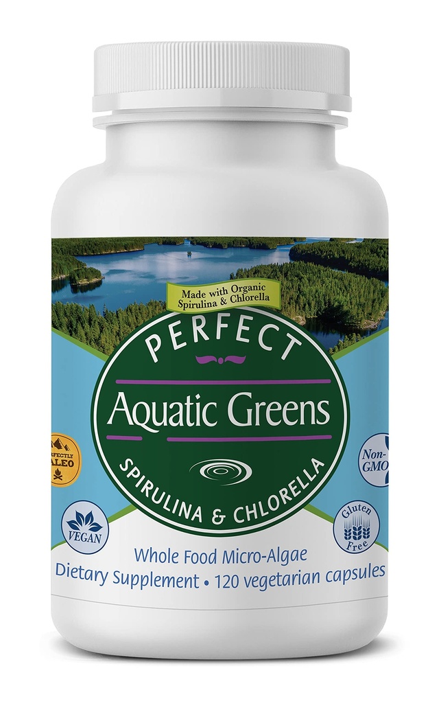 Perfect Supplements - Perfect Aquatic Greens - 120 Vegetabilske kapsler - Økologisk Spirulina og Chlorella tillæg - Ernæringsrige Superfood