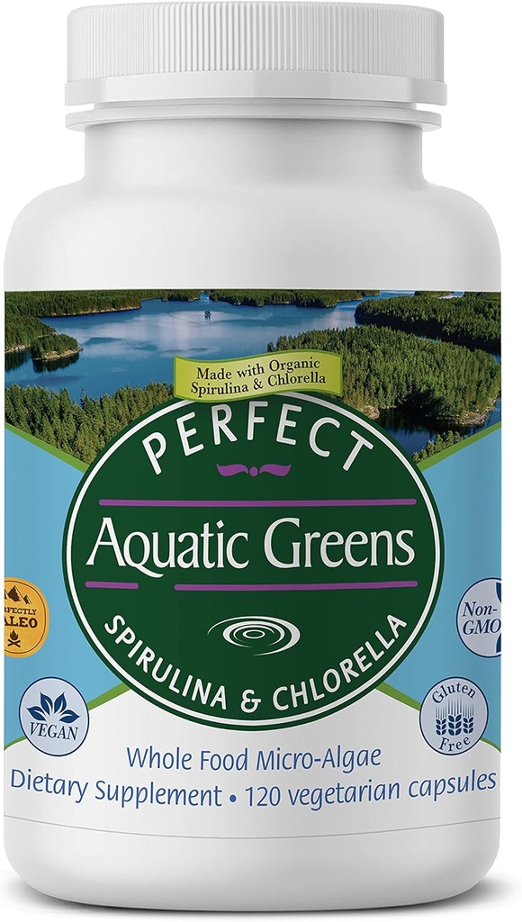 Perfect Supplements - Perfect Aquatic Greens - 120 Vegetabilske kapsler - Økologisk Spirulina og Chlorella tillæg - Ernæringsrige Superfood