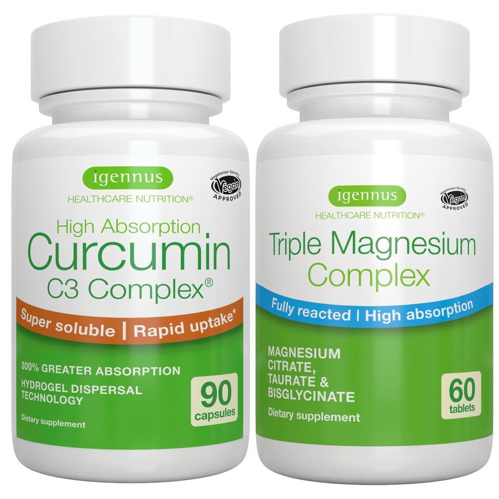 Triple Magnesium Complex + High Absorption Curcumin C3 Complex, Vegan Bundle, High Absorption Chelated Glycinate, Taurate & Citrate Magnesium + 300% større Absorption Curcuminoider med hurtig Optagelse,