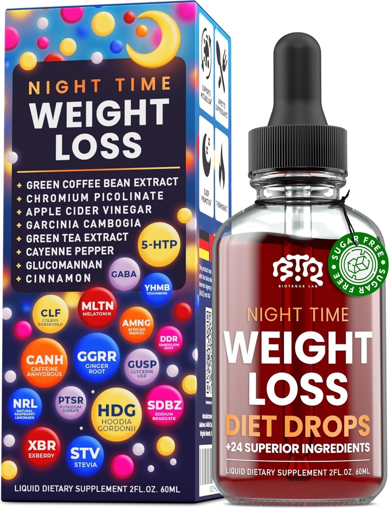 Night Time Weight Loss Diet Drops - Appetite Control, Fat Burner, Metabolisme Booster - Apple Cider Vinamel - Cinnamon - Cayenne Pepper