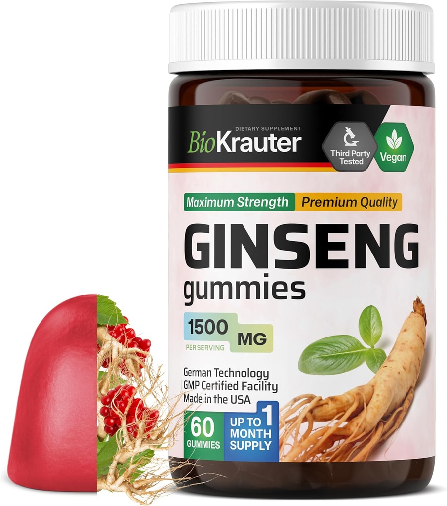 BIO KRAUTER Panax Ginseng Gummies - 1500 mg Styrke - 60 mg Tæl - Chewable Red Ginseng Supplement - Immunstøtte Gummies - Vegan, Pectin- baseret, ikke-GMO