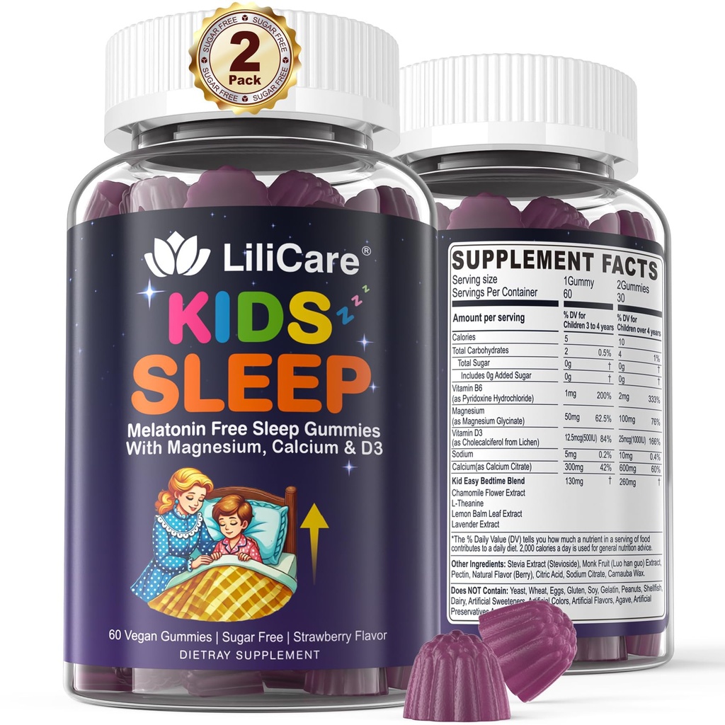 Kids Sleep Gummies - Magnesium Glycinate Gummies, Melatonin Free Sleep Aid (124); Magnesium, Calcium, D3, B6, L Theanine