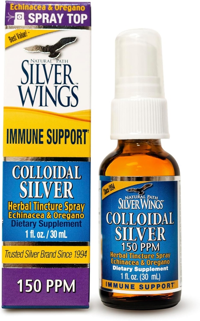 Natural Path Silver Wings Kolloid Sølv 150ppm (750mcg) w / Echinacea & Oregano immunforsvar supplement - 1 fl. oz Spray